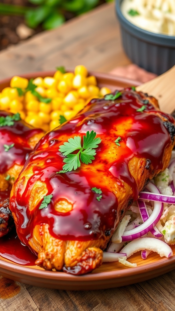 Grilled barbecue chicken served with corn salad and coleslaw on a rustic plate.